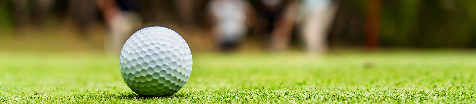 Close-up of a golf ball resting on green grass with a blurred background of people and trees, creating a sense of focus on the ball and a calm outdoor setting.