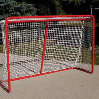 Model #HG100. Hockey goal with powder coated red frame and white net.