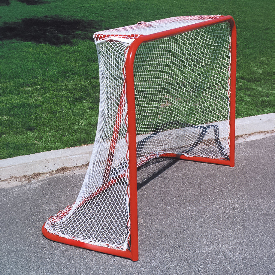 Model #HG100. Hockey goal with powder coated red frame and white net.