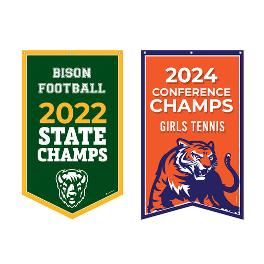 Highlight your sports achievements with Championship Banners—customize designs like a green and yellow 2022 Bison Football State Champs banner or an orange and blue 2024 Girls Tennis Conference Champs banner featuring bold graphics.