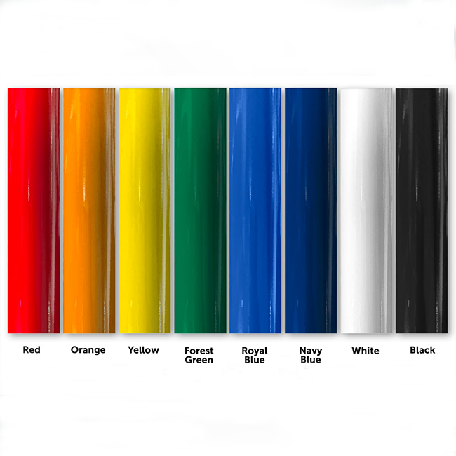 Nine vertical color swatches—red, orange, yellow, forest green, royal blue, navy blue, white, and black—are displayed left to right on a white background for customizing Folding Aluminum Soccer Goals.