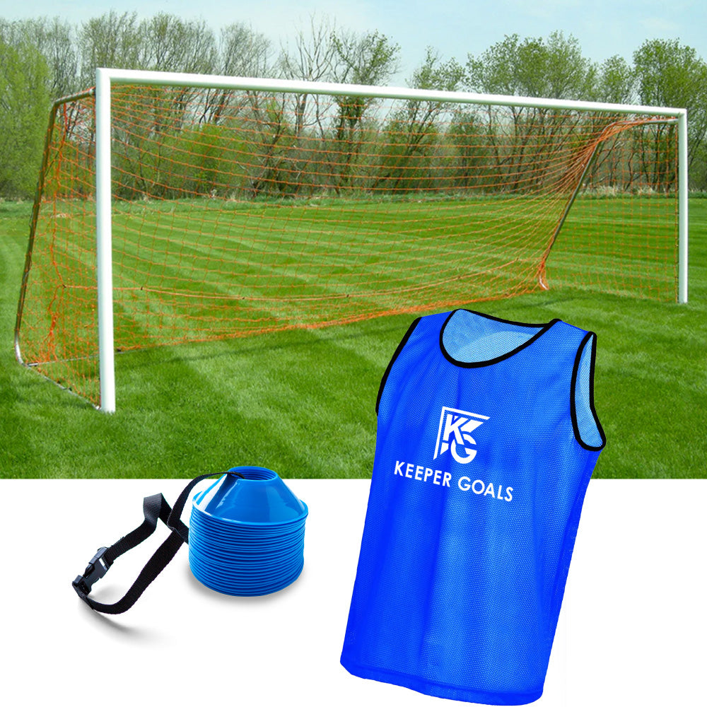 A Libero Package stands on a grassy field, featuring a durable aluminum soccer goal with net, blue training cones with strap, and a KEEPER GOALS sports pinnie. Trees appear in the background.