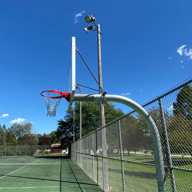 Model #KG690. Galvanized Gooseneck basketball pole with 72" backboard and 6' overhang.