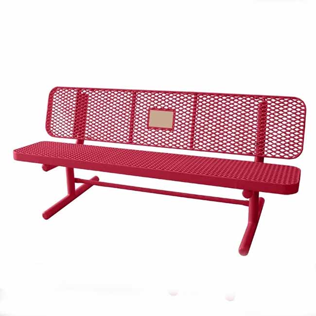Red free-standing memorial bench with plaque