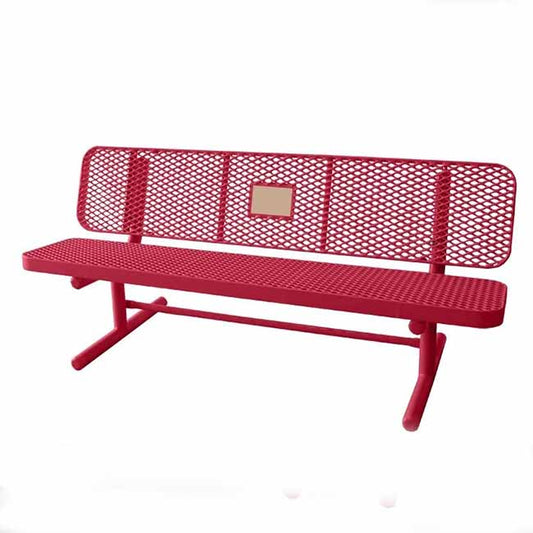 Red free-standing memorial bench with plaque