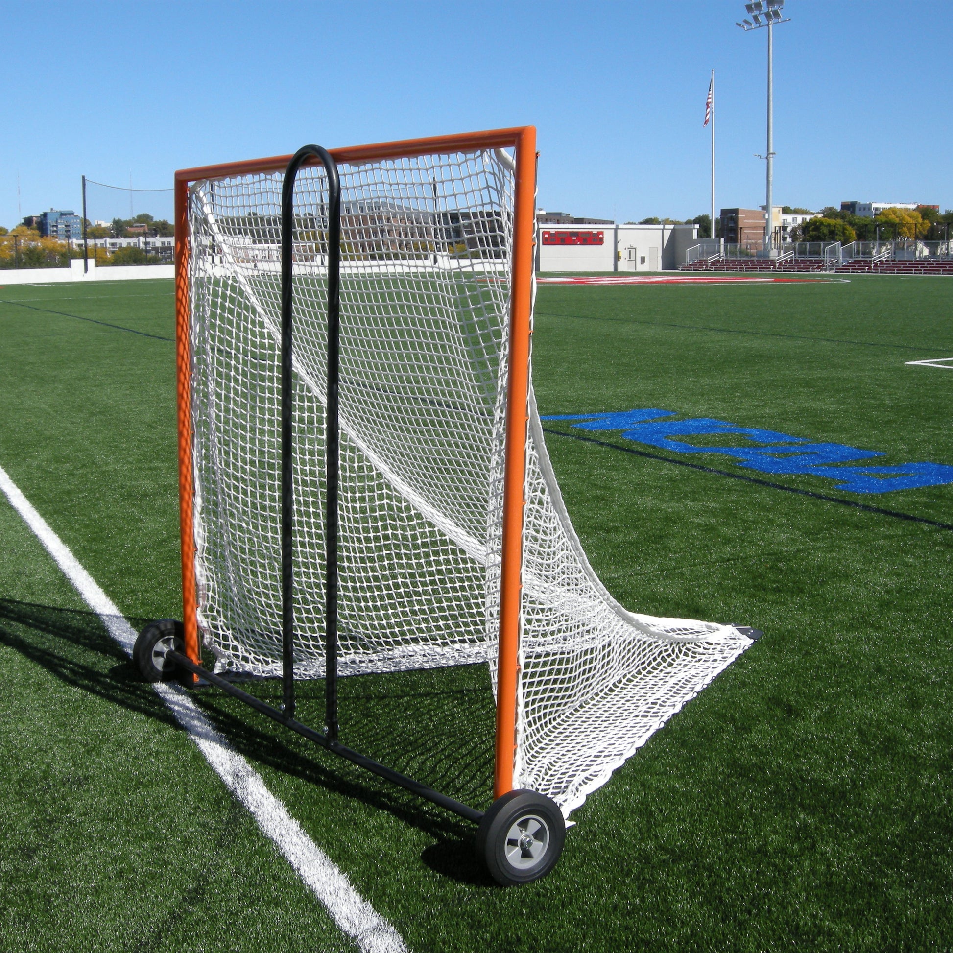 Lacrosse goal on cart for easy movement of goals.