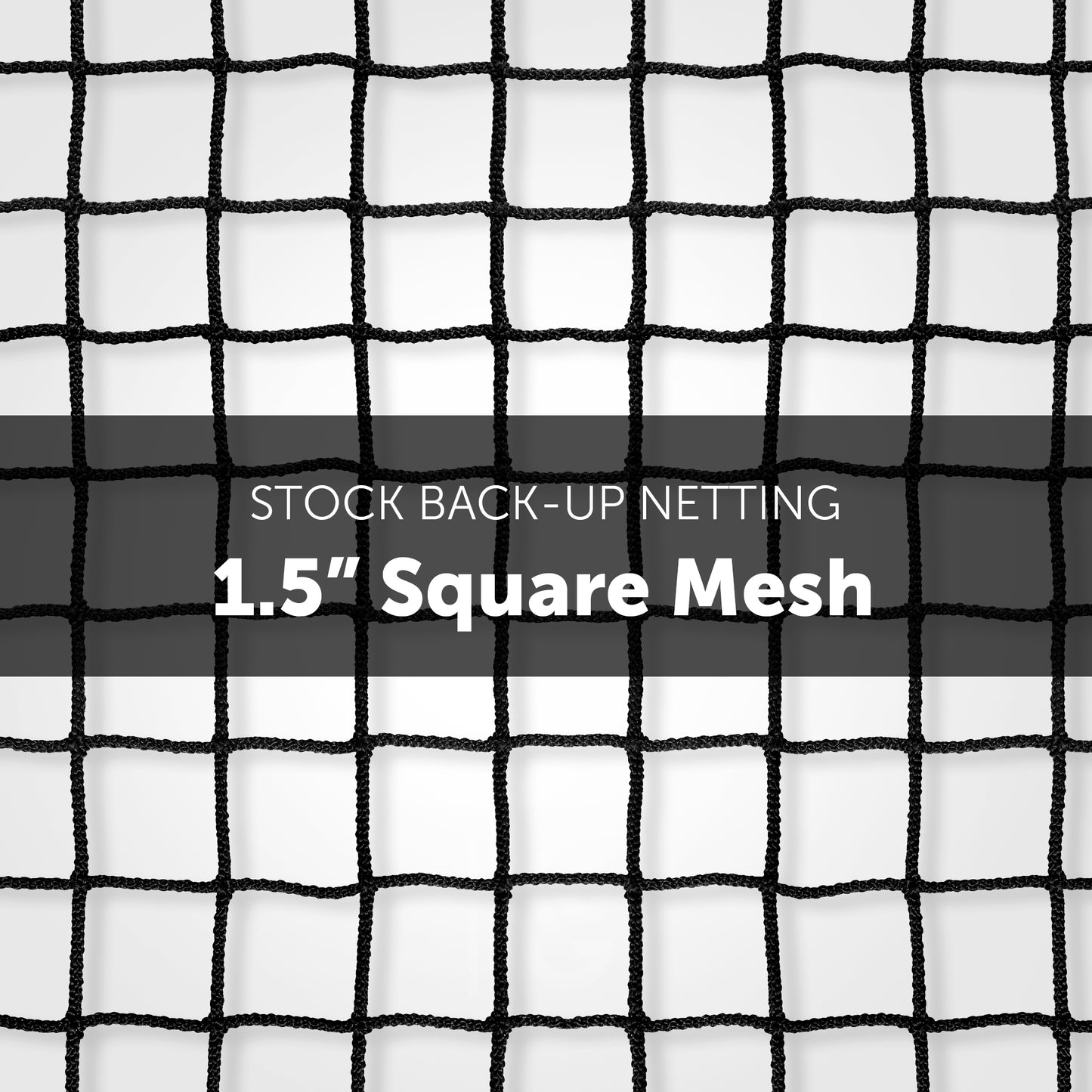 A close-up of black Stock 3mm Back-Up Net W/ Rope Binding (1.5 Mesh) shows its 1.5-inch square mesh. Made from weather-resistant material, the netting stands out against a white background.