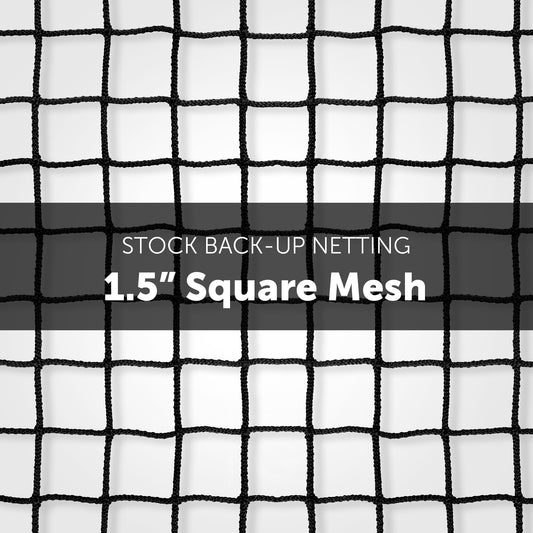 A close-up of black Stock Back-Up Net W/ Tape Binding (1.5 Mesh) with a square pattern. Text over the net reads: Stock Back-Up Netting, 1.5 Square Mesh on a gray background.