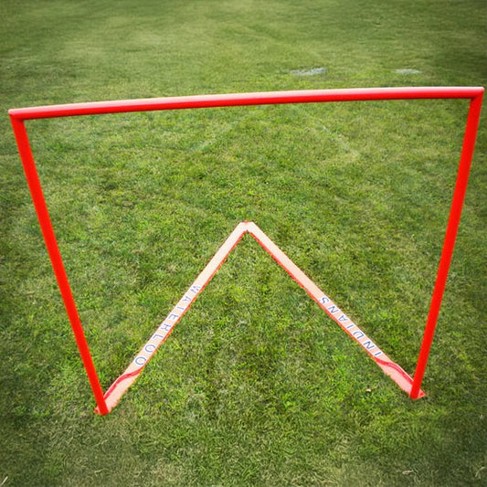 Model #LXGPROLETTERING. Official lacrosse goal with lacing bar and custom lettering on base.