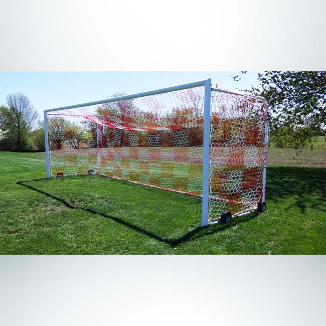 Model #MAL824PC. Movable aluminum soccer goal with cable net attachment. 8' x 24'. Red and white checkered net.