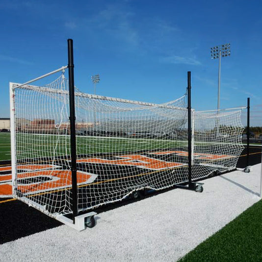 Model #MS88WRD4. Wheeled Stadium Cup soccer goal. 3 back-up posts. All caster wheels built into base of soccer goal. Back view of net.