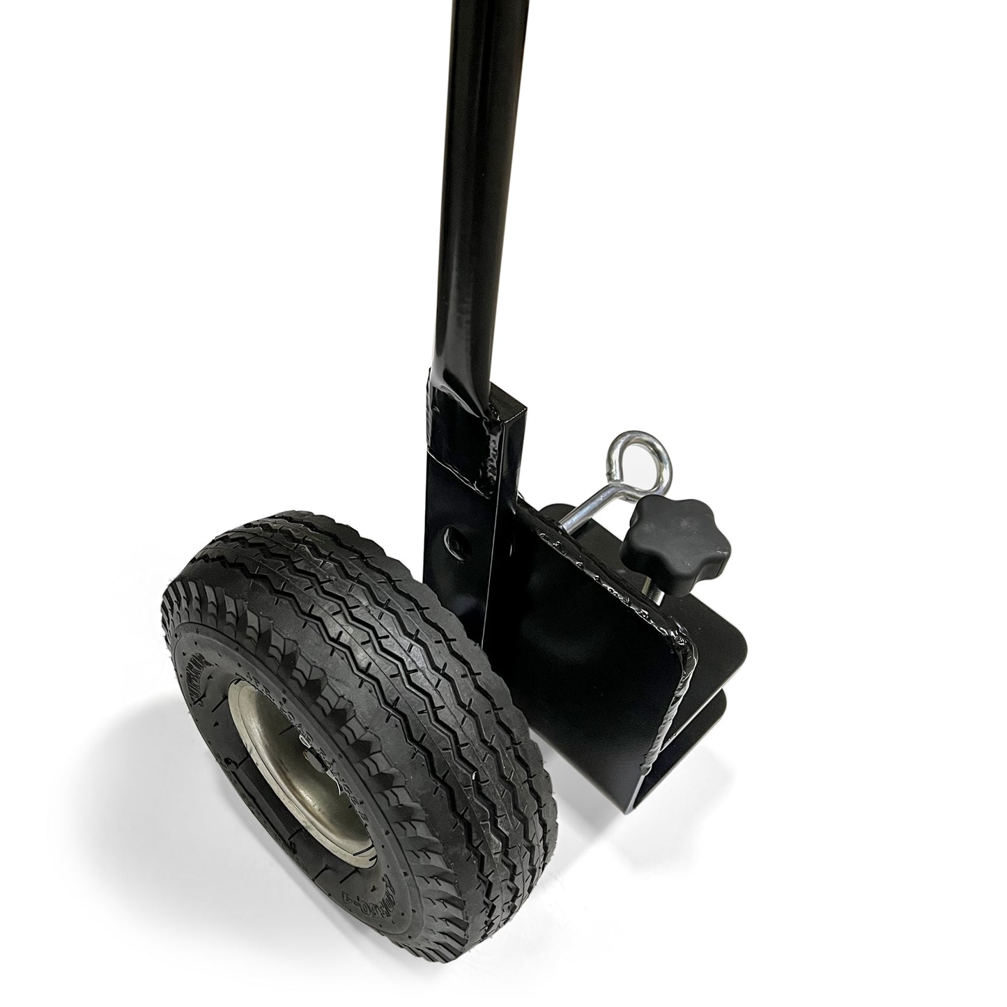 Close-up of the Levered Lifting Wheel Kit: a black metal assembly with a large rubber tire, adjustable clamp, and securing pin—ideal for use as soccer goal wheels—shown on a white background.