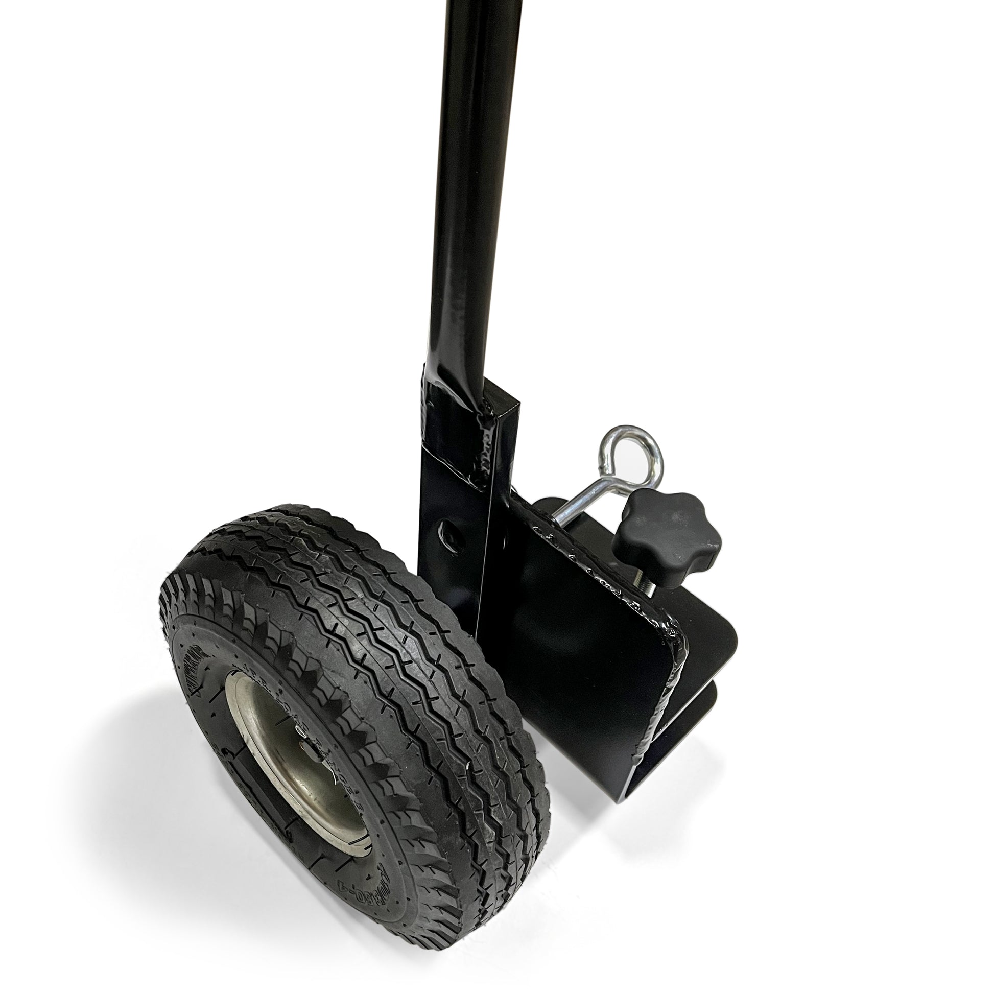 Close-up of the Levered Lifting Wheel Kit: a black metal assembly with a large rubber tire, adjustable clamp, and securing pin—ideal for use as soccer goal wheels—shown on a white background.
