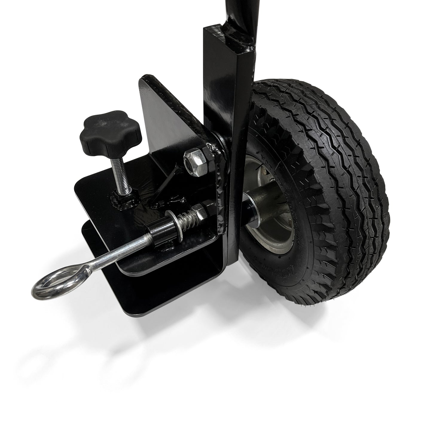 Close-up of the Levered Lifting Wheel Kit, a black trailer jack with a clamp, adjustment knob, metal hardware, and a textured tire similar to soccer goal wheels, shown against a white background.