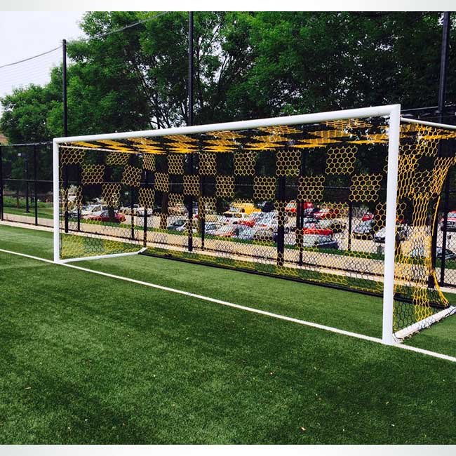 Model #NP4HEX3082466HPBOX. Box style 3mm braided hexagonal 4" mesh black and gold checkered soccer net.