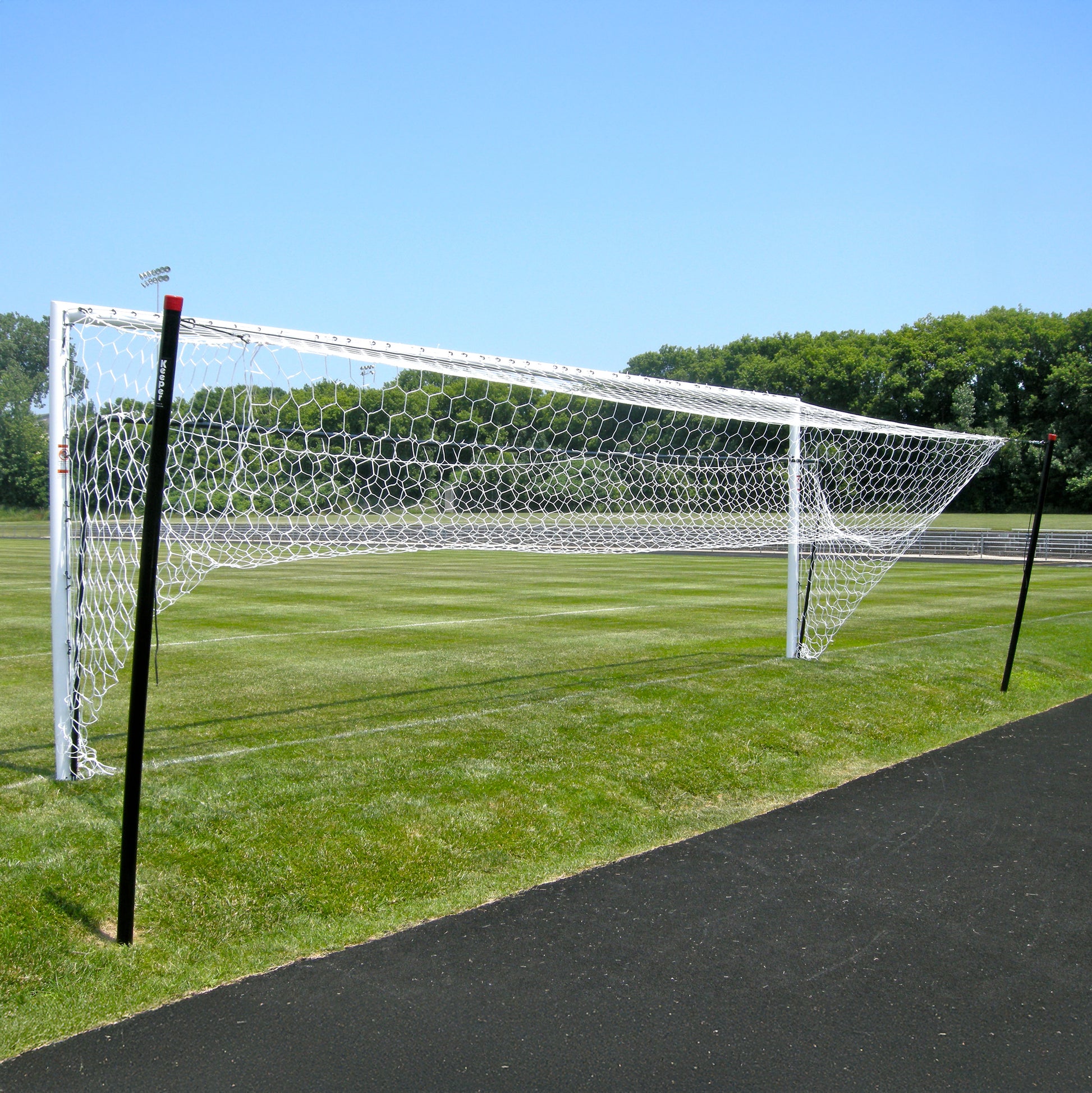 Model #NSBS80. Net storage bar for Stadium Cup soccer goals to raise net for mowing. Back view.