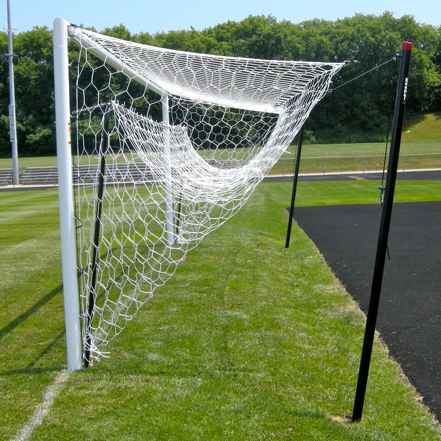 Model #NSBS80. Net storage bar for Stadium Cup soccer goals to raise net for mowing. Side view.