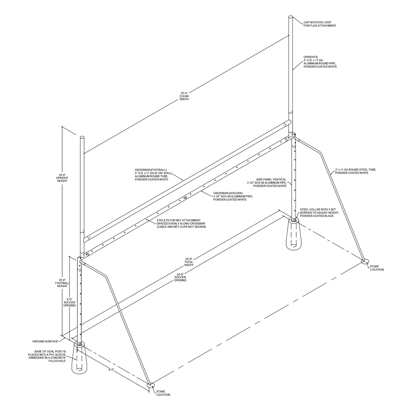 Model #P824RD4SGFGBGHS. Semi-Permanent Combination Soccer/Football Goals CAD drawing.