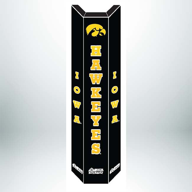 The Collegiate Basketball Pole Pad is custom-printed in black and white with the Iowa Hawkeyes logo and Iowa and Hawkeyes in bold yellow letters.