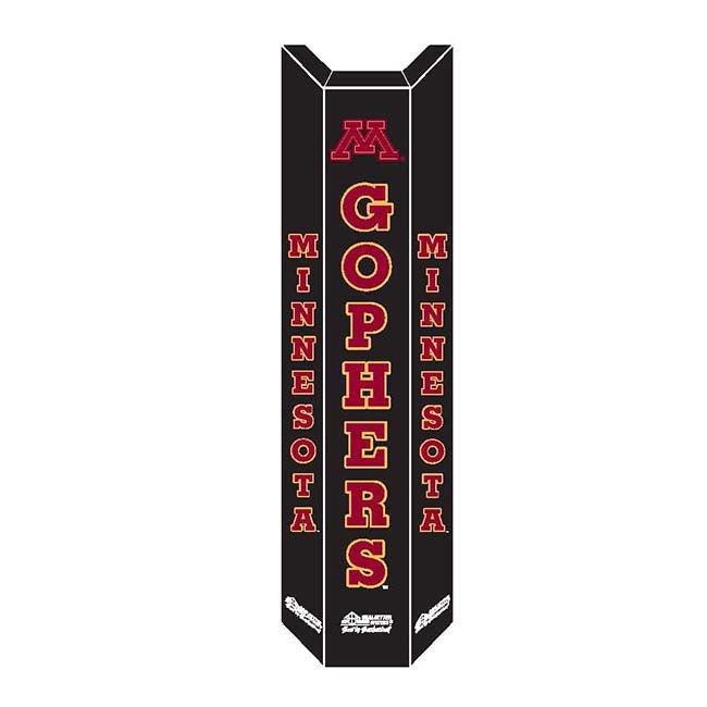 A black football pylon with MINNESOTA in red on two sides, GOPHERS vertically in gold and red on the front, and a maroon M logo at the top—similar to our Collegiate Basketball Pole Pad.