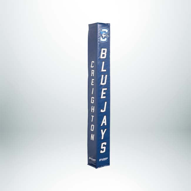 The Collegiate Basketball Pole Pad is padded and blue, displaying CREIGHTON vertically on one side and BLUEJAYS with the bird logo on the other—perfect for showcasing Creighton University spirit while adding gym safety.