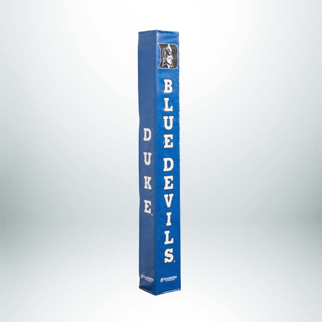 A blue Collegiate Basketball Pole Pad, resembling custom-printed or Goalsetter pole pads, features DUKE and BLUE DEVILS in white and the Duke University Blue Devils logo at the top.
