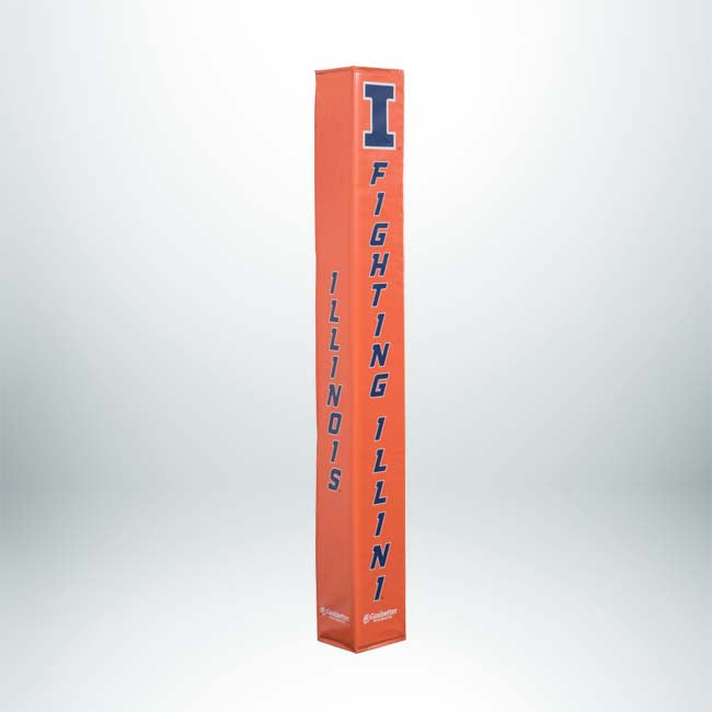 The Collegiate Basketball Pole Pad is a tall orange custom-printed pad like basketball pole padding, featuring blue vertical text ILLINOIS on one side, FIGHTING ILLINI on another, and a large blue I at the top.