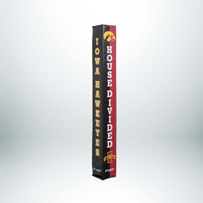 The Collegiate Basketball Pole Pad features IOWA HAWKEYES in yellow on black, a HOUSE DIVIDED message, and the Iowa State Cyclones logo on a red background.