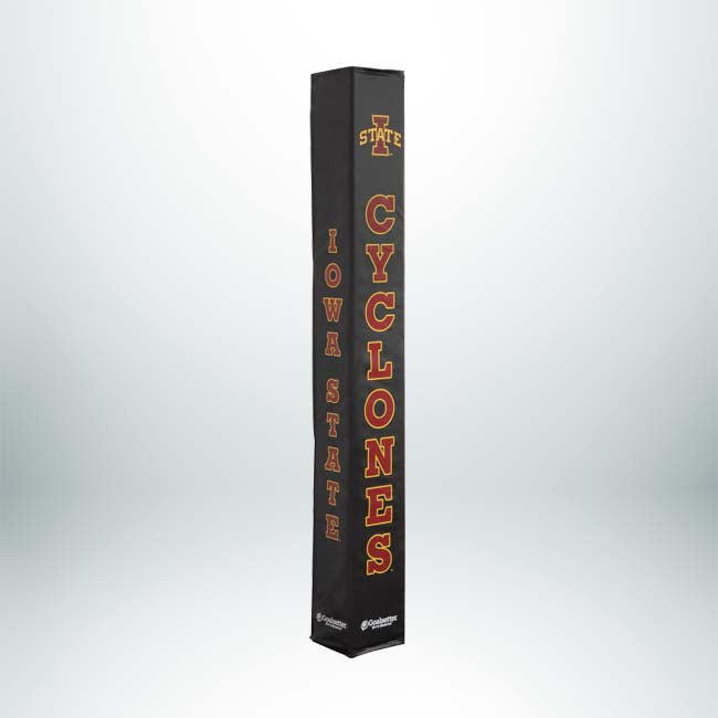 The Collegiate Basketball Pole Pad is a black padded cover featuring the Iowa State Cyclones logo and red/yellow text on light gray, designed with Goalsetter’s durable construction for basketball pole protection.
