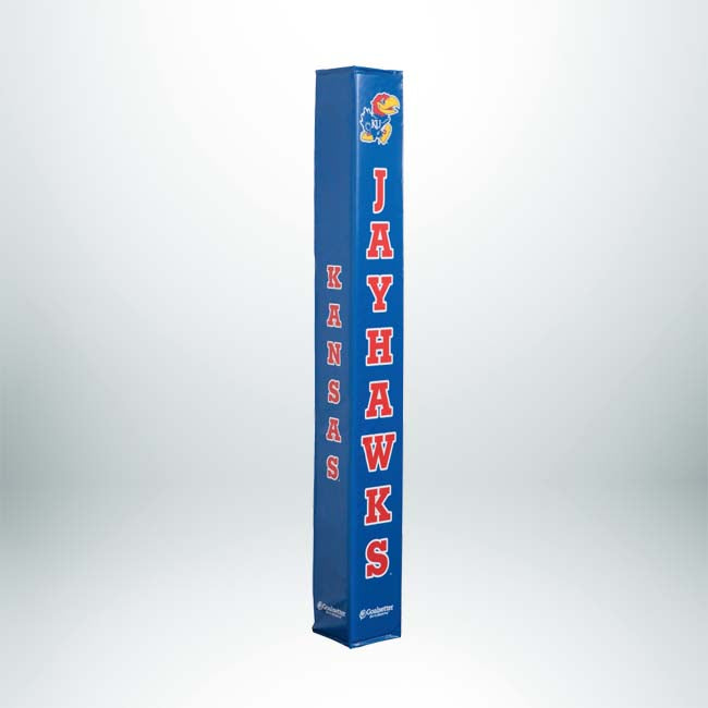 The Collegiate Basketball Pole Pad showcases the Kansas Jayhawks logo and bold red and white KANSAS JAYHAWKS text on blue, adding stylish protection to your basketball pole.