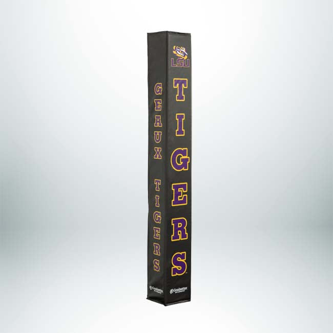 The Collegiate Basketball Pole Pad is a black cover featuring LSU and a tiger logo at the top, with GEAUX TIGERS in bold gold and purple down the sides—ideal for showing team pride on your basketball pole.