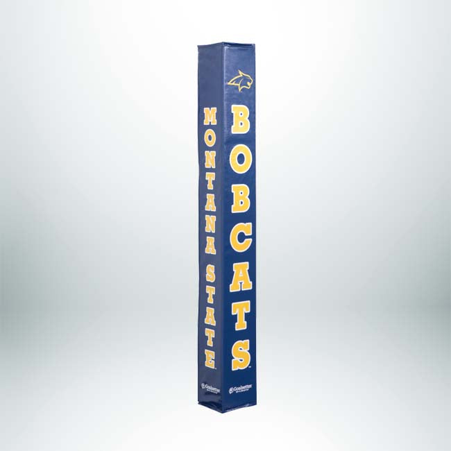 The Collegiate Basketball Pole Pad is blue with yellow MONTANA STATE text on one side, BOBCATS on the other, and a bobcat logo at the top—perfect for showing school pride while protecting your basketball pole.