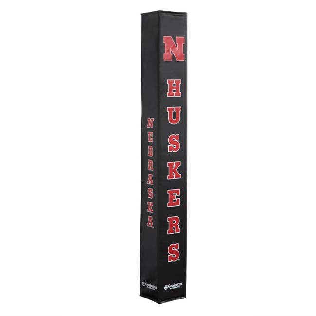 A tall, black Collegiate Basketball Pole Pad with NEBRASKA and HUSKERS in vertical red letters and a large red N at the top—ideal as custom-printed Goalsetter pole padding for your court.