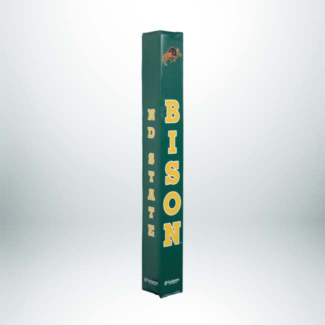 The Collegiate Basketball Pole Pad is green and padded, with ND STATE in yellow print on one side, BISON in large yellow letters on the other, and a bison logo at the top.