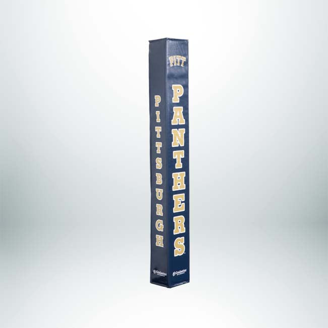 A blue Collegiate Basketball Pole Pad, custom-printed with Pitt at the top and Pitt Panthers in gold and white down the sides, plus small white logos on the bottom—perfect for showing off your team pride.