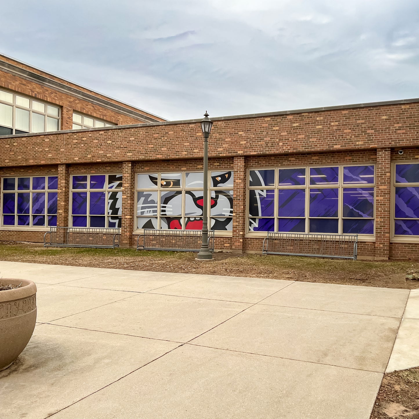 A wildcat face mural in purple, gray, and white covers several school windows using Perforated Window Film for privacy and branding. Benches line the wall, with a lamp post close by.