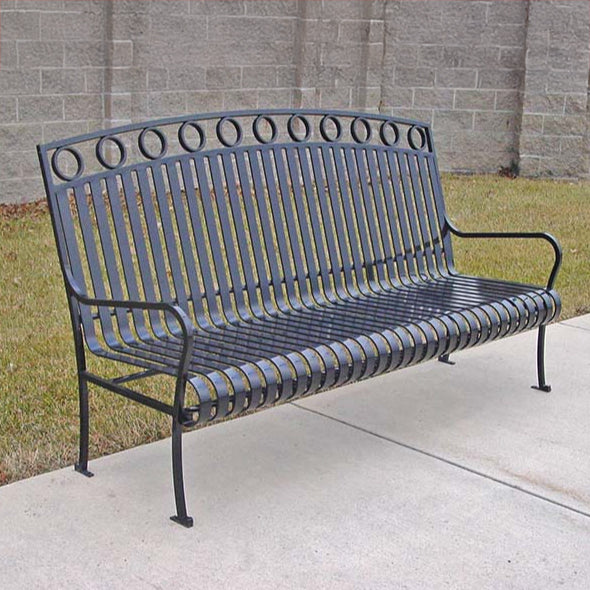 Model #PRASPEN74. Metal outdoor bench in gray for city streets and parks.