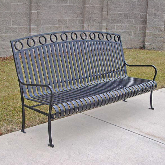 Model #PRASPEN74. Metal outdoor bench in gray for city streets and parks.