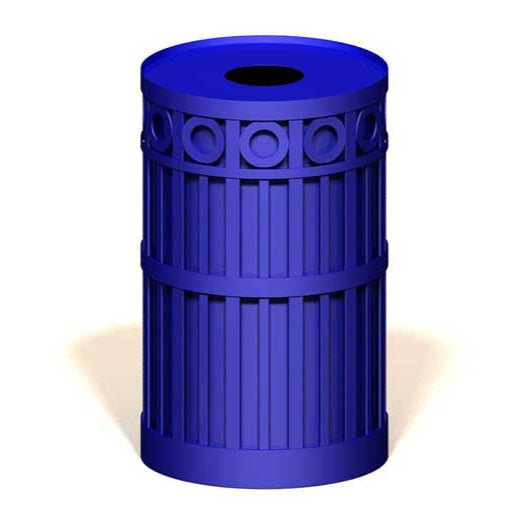 Model #PRASPENT32. Round metal trash receptacle in blue.