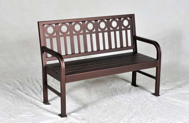 Model #PRASPEN48. Outdoor steel bench in custom cinnamon for parks, businesses and city streets.