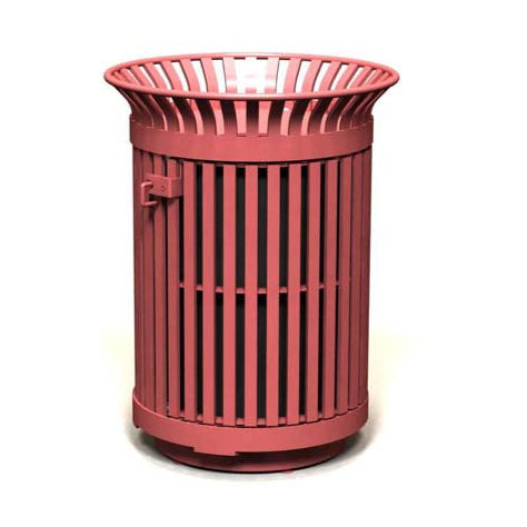 Model #PRAVE24. Round metal outdoor trash receptacle in red.