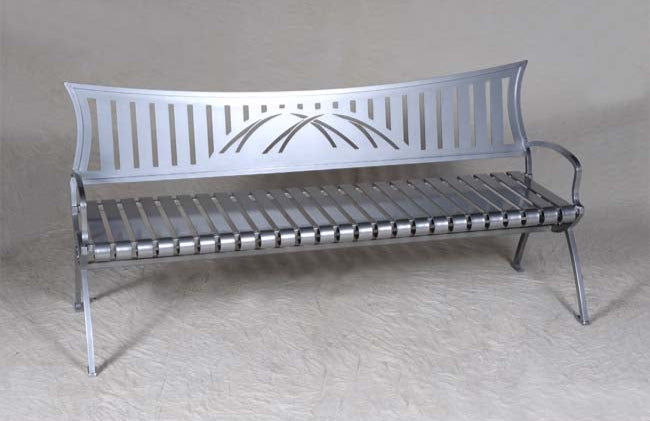 Model #PRBETT72. Outdoor steel bench in silver for parks, businesses and city streets.
