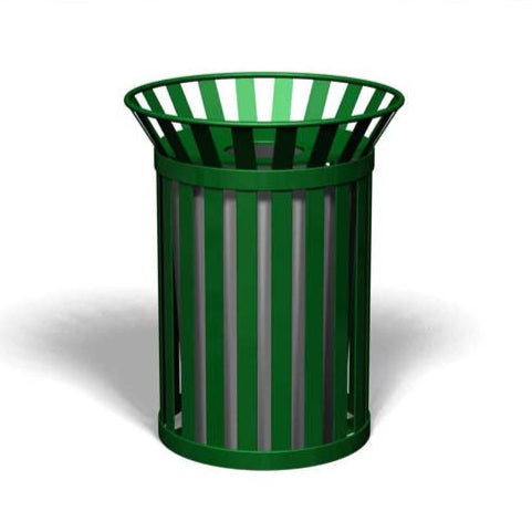 Model #PRBROADWAY. Outdoor round trash receptacle in evergreen.