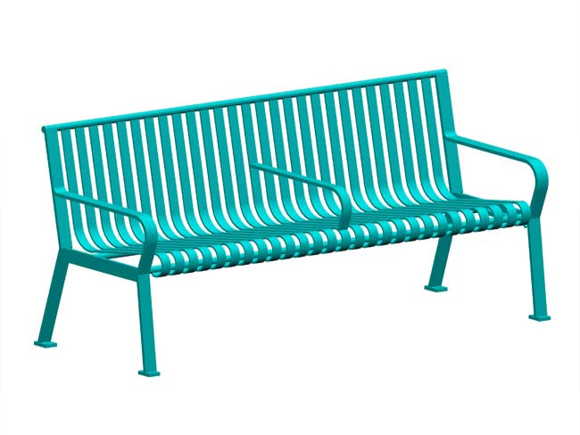 Model #PRCAM72. Metal outdoor park bench with optional arm center in custom turquoise.
