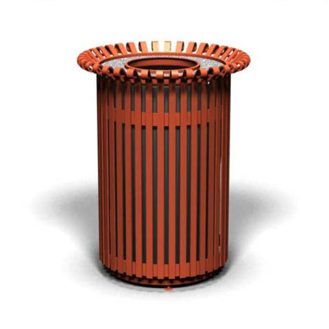 Model #PRERSTA32. Outdoor round trash receptacle in copper finish.