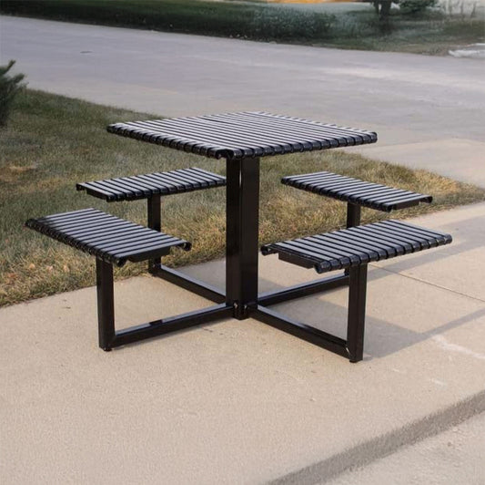 Model #PREST. Square metal 4 seat table in black for parks and businesses.