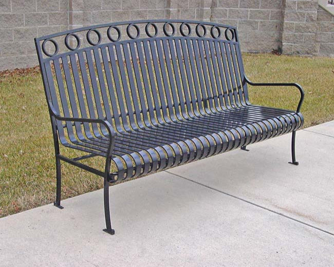 Model #PRISUB72. Metal outdoor park bench in gray metal for city streets and parks.