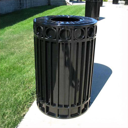 Model #PRISUT40. Round outdoor trash receptacle in black.