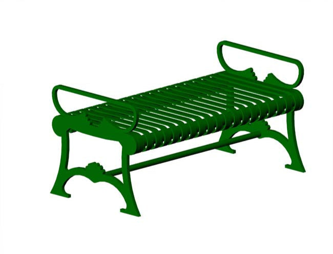 Model #PRLBFB48. Flat outdoor metal bench in evergreen for parks and city streets.
