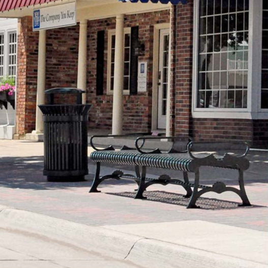 Model #PRFBF72. Flat outdoor bench for city streets and parks.